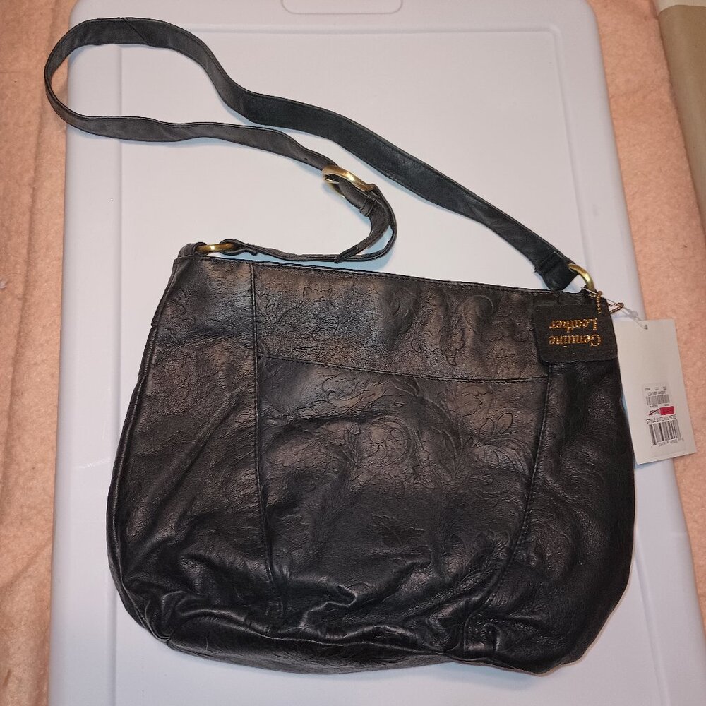NEW Strada Black Floral Embossed Leather Shoulder Bag